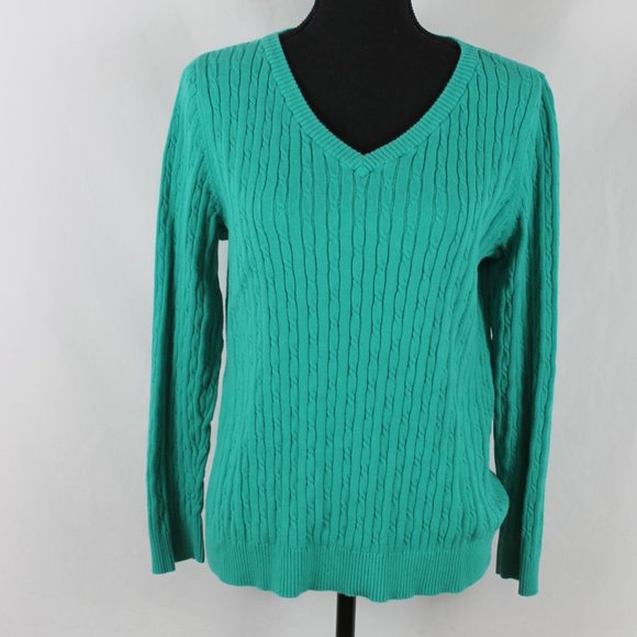 CARIBBEAN JOE Knitted Sweater Woman Sizer XL Green Cable Knit Long Sleeve V Neck - Picture 4 of 10